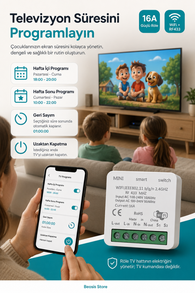 16A Mini WiFi + RF 433 MHz Akıllı Röle – Tuya Smart Life, Uzaktan Kontrol ve Zamanlama
