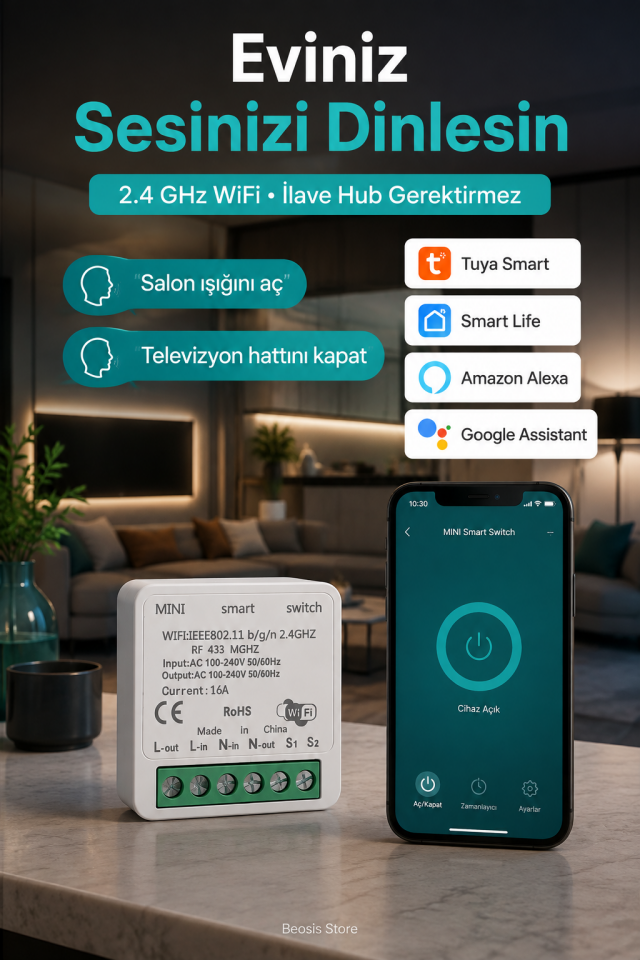16A Mini WiFi + RF 433 MHz Akıllı Röle – Tuya Smart Life, Uzaktan Kontrol ve Zamanlama