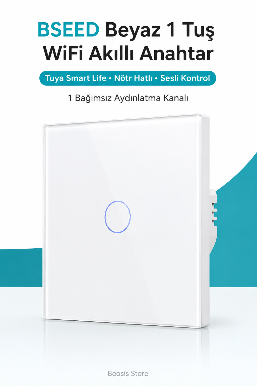 BSEED Beyaz 1 Tuş WiFi Akıllı Dokunmatik Anahtar – Tuya Smart Life, Alexa Google, Nötr Hatlı