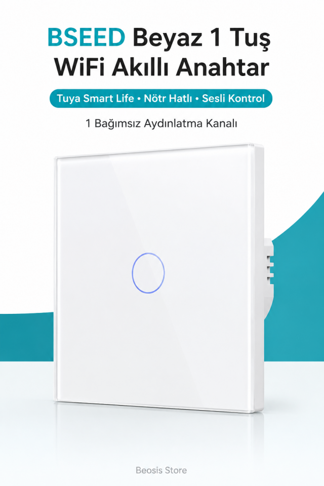BSEED Beyaz 1 Tuş WiFi Akıllı Dokunmatik Anahtar – Tuya Smart Life, Alexa Google, Nötr Hatlı