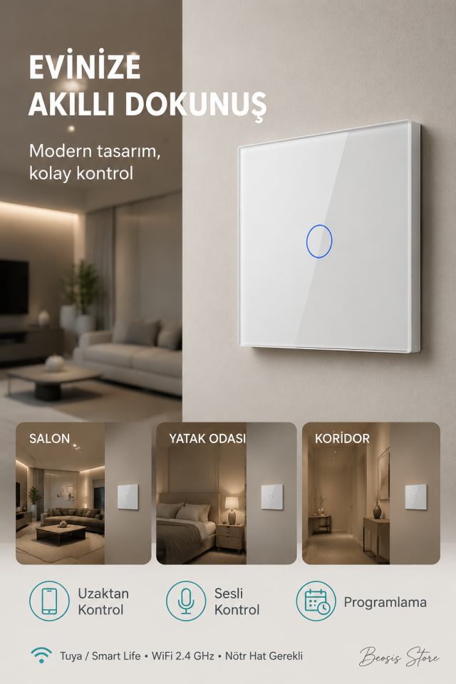 BSEED Beyaz 1 Tuş WiFi Akıllı Dokunmatik Anahtar – Tuya Smart Life, Alexa Google, Nötr Hatlı