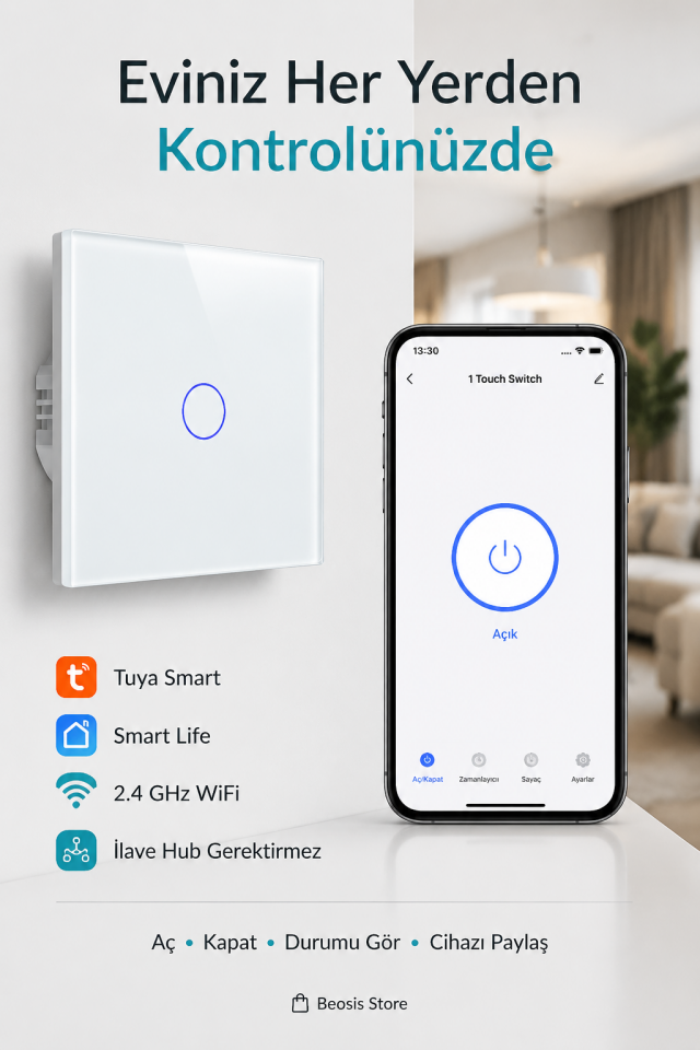BSEED Beyaz 1 Tuş WiFi Akıllı Dokunmatik Anahtar – Tuya Smart Life, Alexa Google, Nötr Hatlı