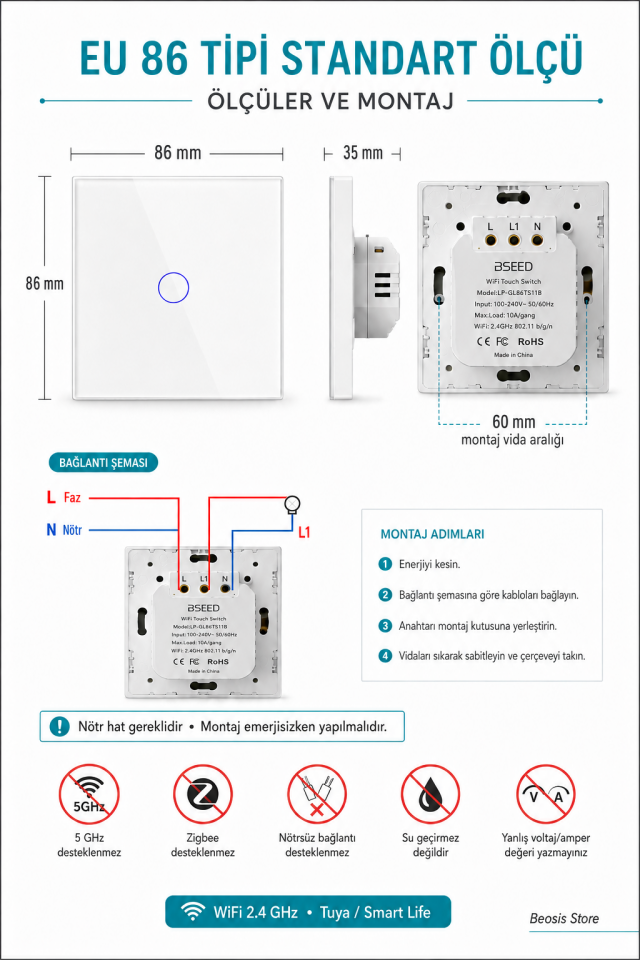 BSEED Beyaz 1 Tuş WiFi Akıllı Dokunmatik Anahtar – Tuya Smart Life, Alexa Google, Nötr Hatlı