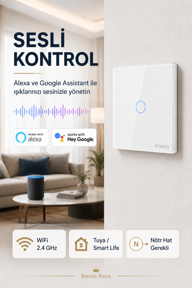 BSEED Beyaz 1 Tuş WiFi Akıllı Dokunmatik Anahtar – Tuya Smart Life, Alexa Google, Nötr Hatlı