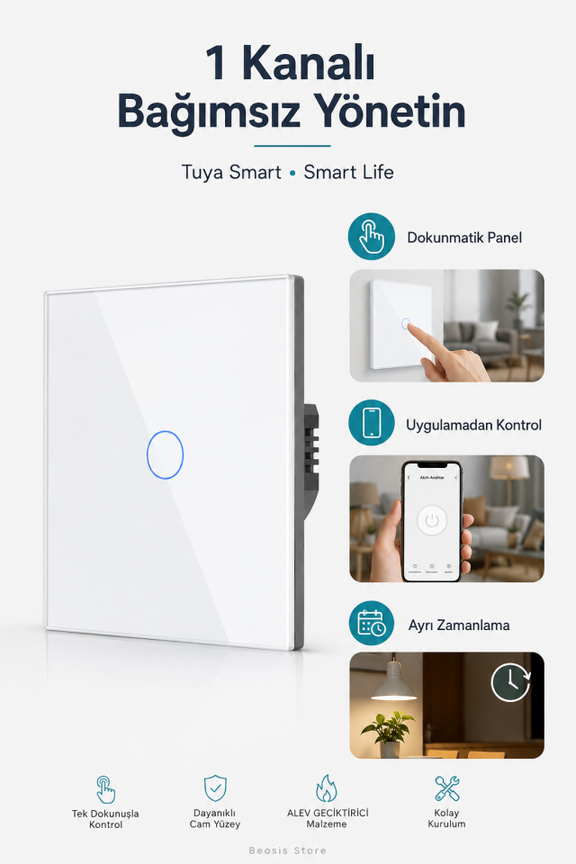 BSEED Beyaz 1 Tuş WiFi Akıllı Dokunmatik Anahtar – Tuya Smart Life, Alexa Google, Nötr Hatlı