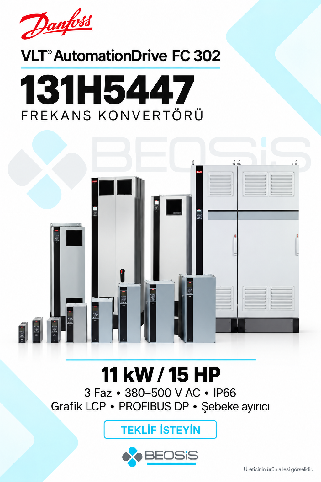 Danfoss 131H5447 VLT AutomationDrive FC 302 11 kW 380–500 V IP66 Grafik Panelli Motor Hız Kontrol Cihazı