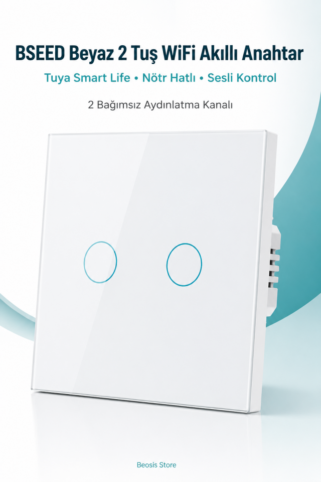 BSEED Beyaz 2 Tuş WiFi Akıllı Dokunmatik Anahtar – Tuya Smart Life, Alexa Google, Nötr Hatlı