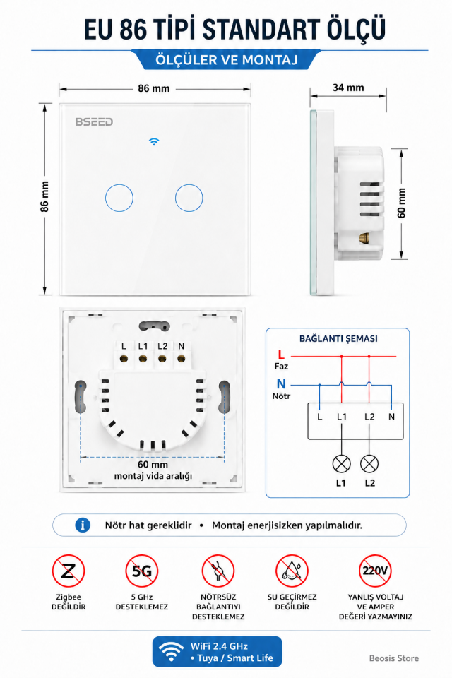 BSEED Beyaz 2 Tuş WiFi Akıllı Dokunmatik Anahtar – Tuya Smart Life, Alexa Google, Nötr Hatlı