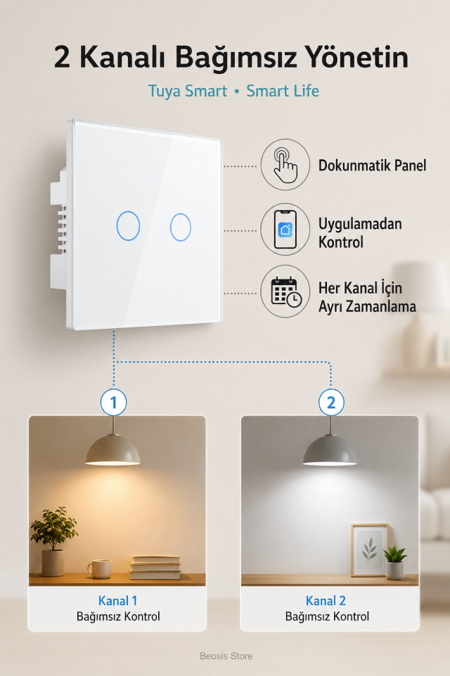 BSEED Beyaz 2 Tuş WiFi Akıllı Dokunmatik Anahtar – Tuya Smart Life, Alexa Google, Nötr Hatlı