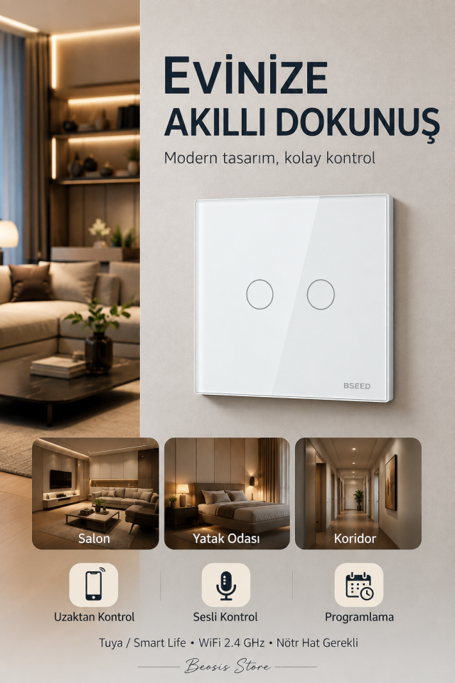BSEED Beyaz 2 Tuş WiFi Akıllı Dokunmatik Anahtar – Tuya Smart Life, Alexa Google, Nötr Hatlı