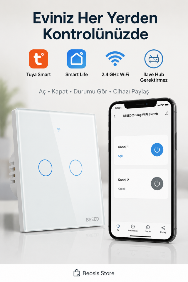 BSEED Beyaz 2 Tuş WiFi Akıllı Dokunmatik Anahtar – Tuya Smart Life, Alexa Google, Nötr Hatlı