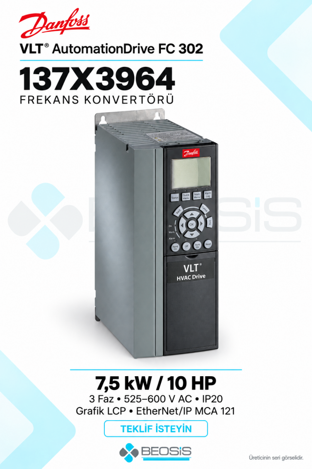Danfoss 137X3964 VLT AutomationDrive FC 302 7,5 kW 525–600 V IP20 Grafik Panelli Motor Hız Kontrol Cihazı