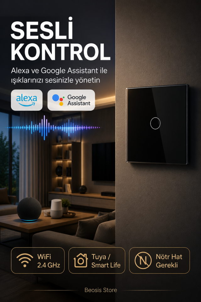 BSEED Siyah 1 Tuş WiFi Akıllı Dokunmatik Anahtar – Tuya Smart Life, Alexa Google, Nötr Hatlı
