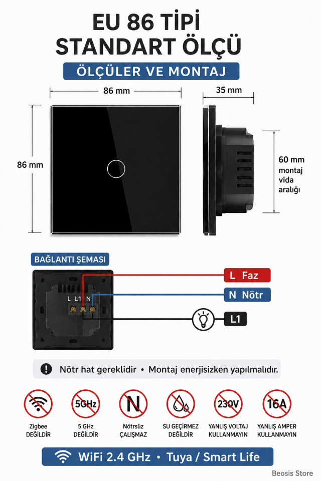 BSEED Siyah 1 Tuş WiFi Akıllı Dokunmatik Anahtar – Tuya Smart Life, Alexa Google, Nötr Hatlı