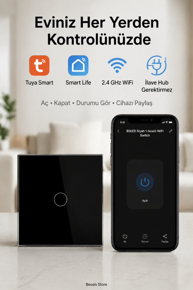 BSEED Siyah 1 Tuş WiFi Akıllı Dokunmatik Anahtar – Tuya Smart Life, Alexa Google, Nötr Hatlı