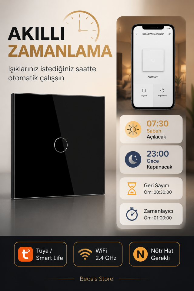 BSEED Siyah 1 Tuş WiFi Akıllı Dokunmatik Anahtar – Tuya Smart Life, Alexa Google, Nötr Hatlı