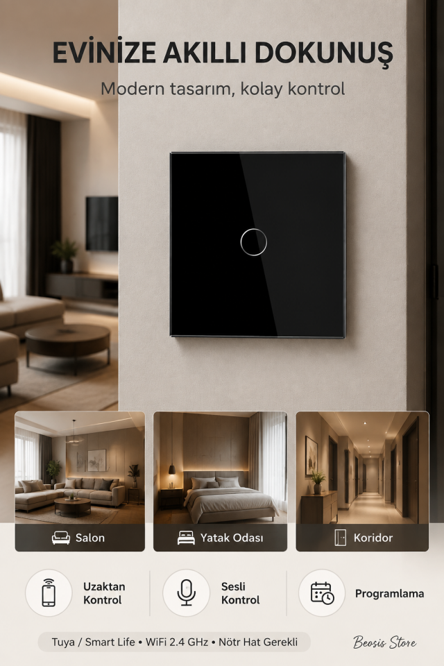 BSEED Siyah 1 Tuş WiFi Akıllı Dokunmatik Anahtar – Tuya Smart Life, Alexa Google, Nötr Hatlı