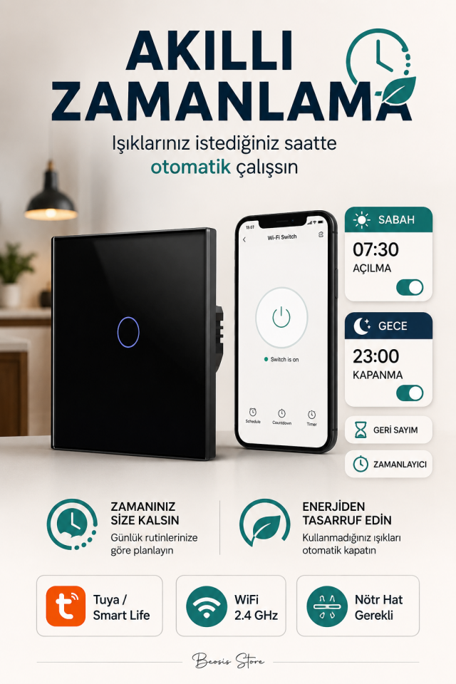 BSEED Siyah 1 Tuş WiFi Akıllı Dokunmatik Anahtar – Tuya Smart Life, Alexa Google, Nötr Hatlı