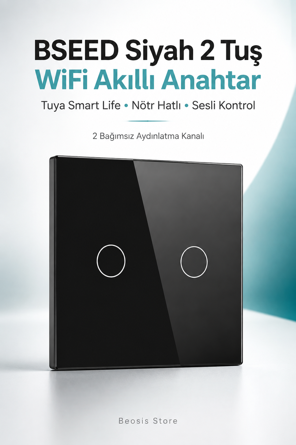 BSEED Siyah 2 Tuş WiFi Akıllı Dokunmatik Anahtar – Tuya Smart Life, Alexa Google, Nötr Hatlı