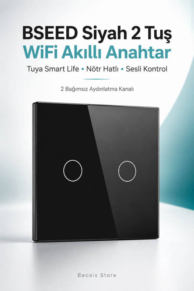 BSEED Siyah 2 Tuş WiFi Akıllı Dokunmatik Anahtar – Tuya Smart Life, Alexa Google, Nötr Hatlı