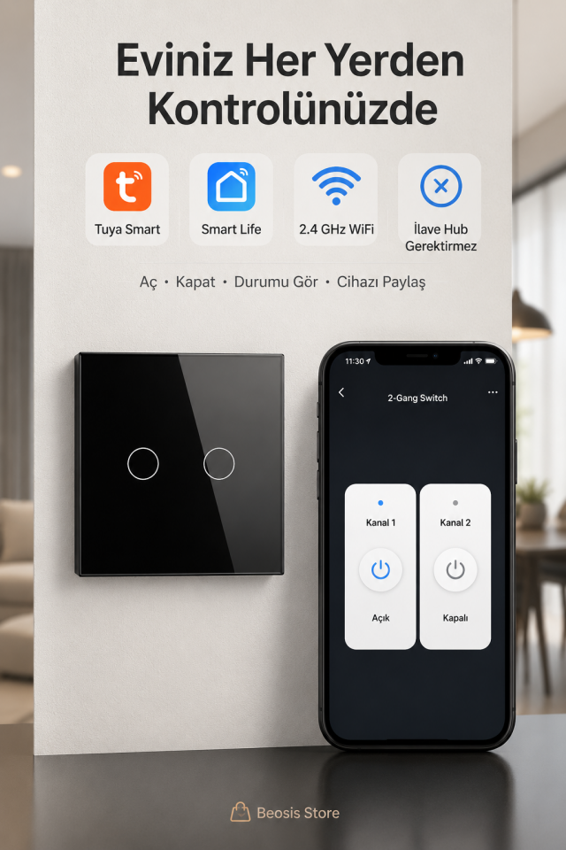 BSEED Siyah 2 Tuş WiFi Akıllı Dokunmatik Anahtar – Tuya Smart Life, Alexa Google, Nötr Hatlı