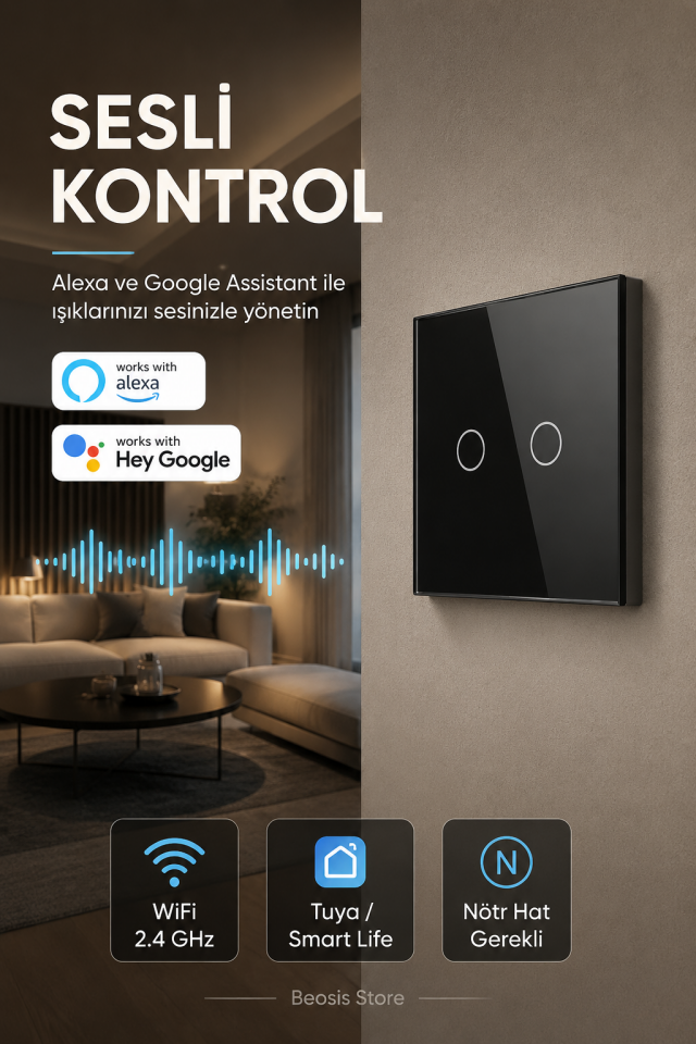 BSEED Siyah 2 Tuş WiFi Akıllı Dokunmatik Anahtar – Tuya Smart Life, Alexa Google, Nötr Hatlı