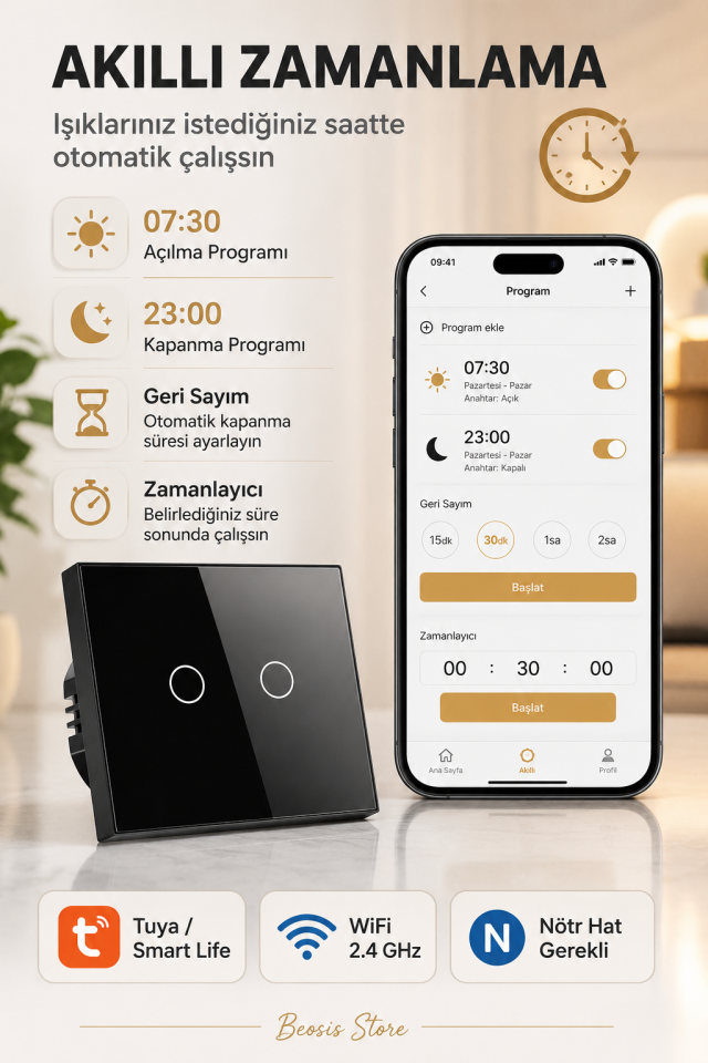 BSEED Siyah 2 Tuş WiFi Akıllı Dokunmatik Anahtar – Tuya Smart Life, Alexa Google, Nötr Hatlı