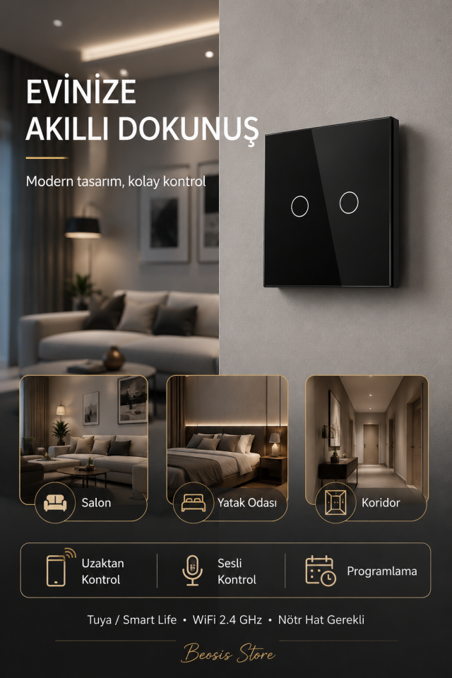 BSEED Siyah 2 Tuş WiFi Akıllı Dokunmatik Anahtar – Tuya Smart Life, Alexa Google, Nötr Hatlı