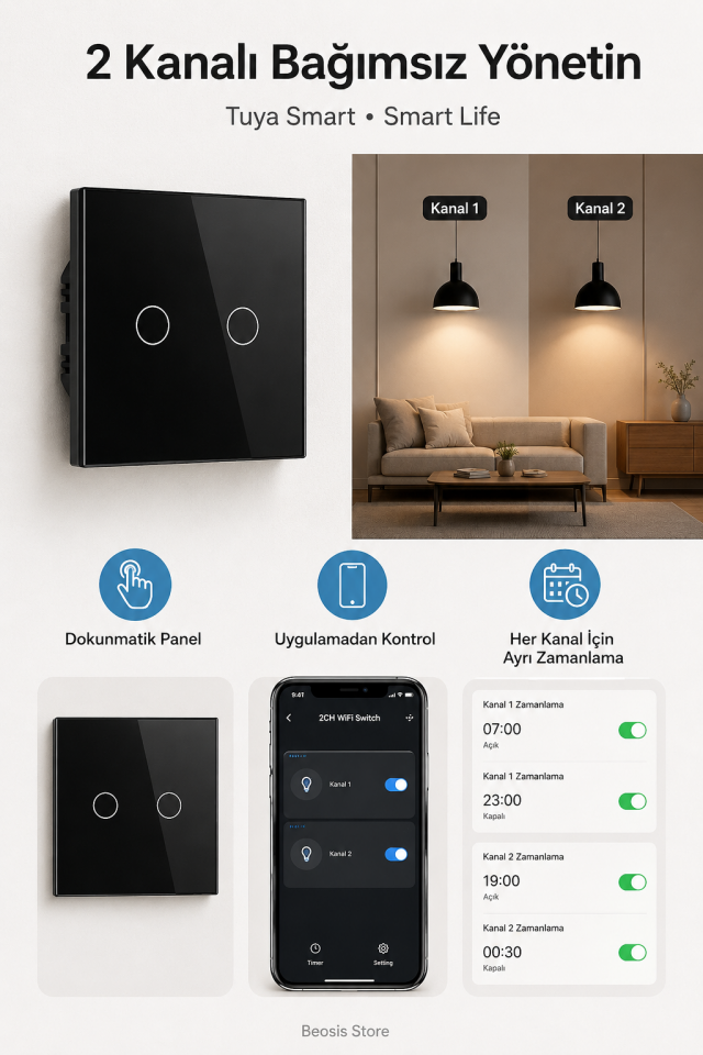 BSEED Siyah 2 Tuş WiFi Akıllı Dokunmatik Anahtar – Tuya Smart Life, Alexa Google, Nötr Hatlı