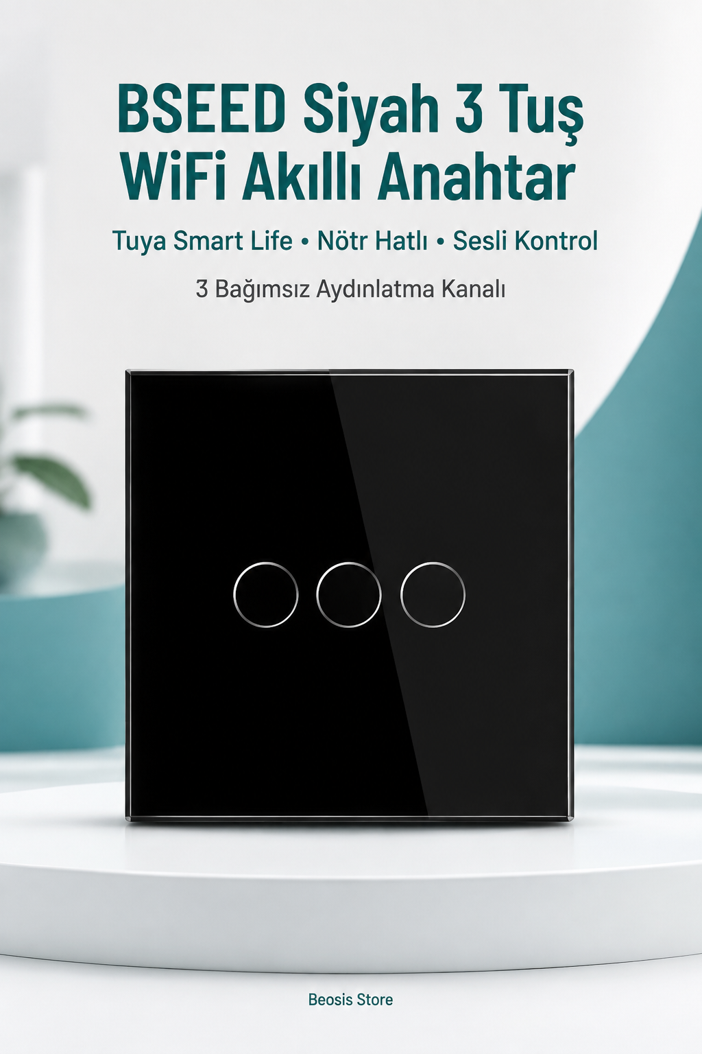 BSEED Siyah 3 Tuş WiFi Akıllı Dokunmatik Anahtar – Tuya Smart Life, Alexa Google, Nötr Hatlı