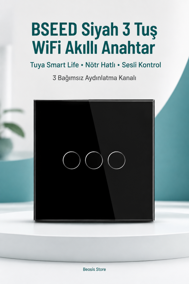 BSEED Siyah 3 Tuş WiFi Akıllı Dokunmatik Anahtar – Tuya Smart Life, Alexa Google, Nötr Hatlı