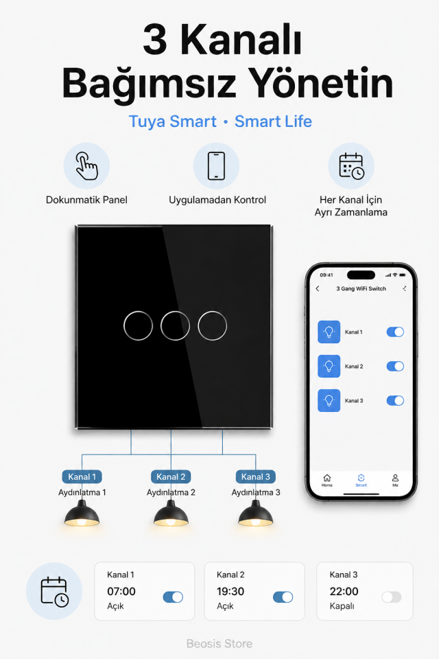 BSEED Siyah 3 Tuş WiFi Akıllı Dokunmatik Anahtar – Tuya Smart Life, Alexa Google, Nötr Hatlı
