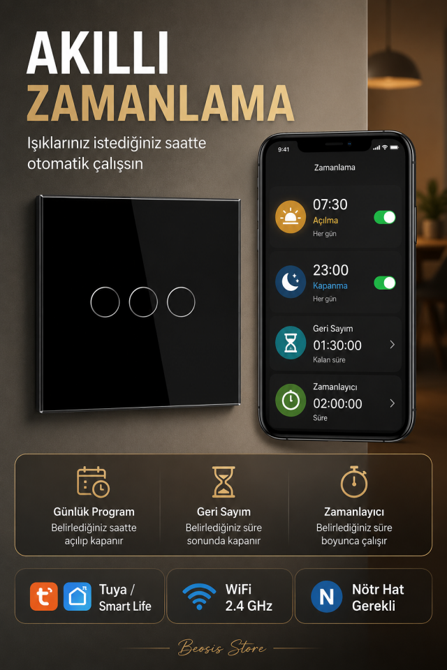 BSEED Siyah 3 Tuş WiFi Akıllı Dokunmatik Anahtar – Tuya Smart Life, Alexa Google, Nötr Hatlı