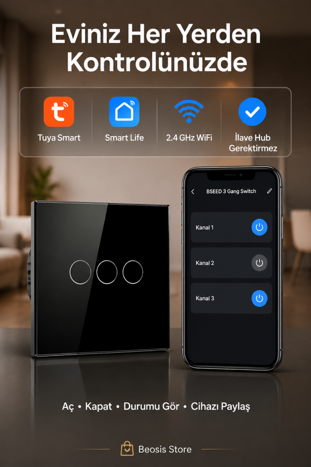 BSEED Siyah 3 Tuş WiFi Akıllı Dokunmatik Anahtar – Tuya Smart Life, Alexa Google, Nötr Hatlı