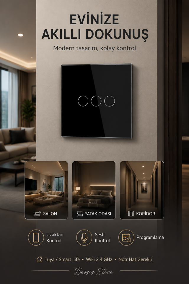 BSEED Siyah 3 Tuş WiFi Akıllı Dokunmatik Anahtar – Tuya Smart Life, Alexa Google, Nötr Hatlı