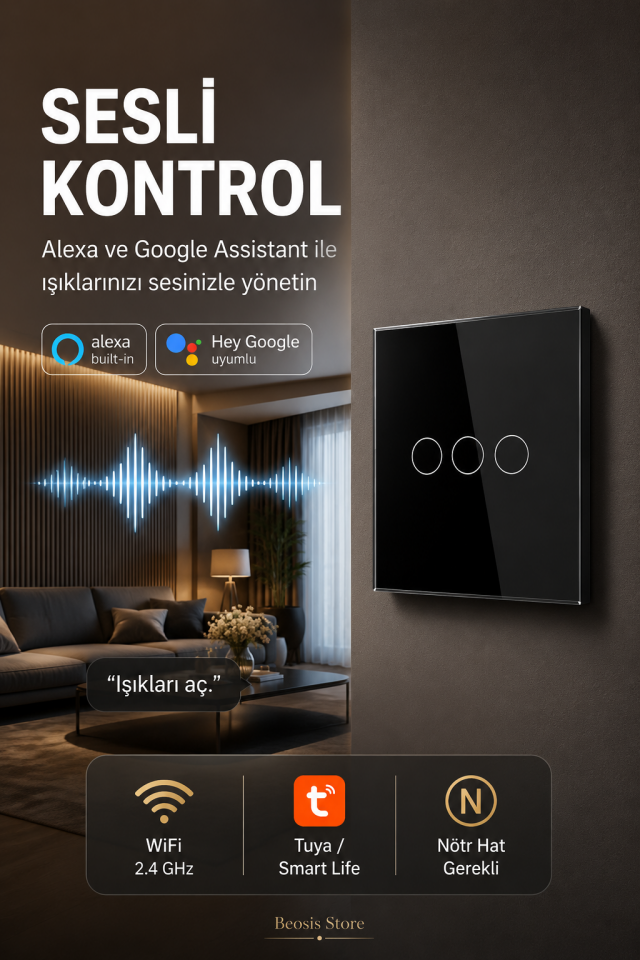 BSEED Siyah 3 Tuş WiFi Akıllı Dokunmatik Anahtar – Tuya Smart Life, Alexa Google, Nötr Hatlı