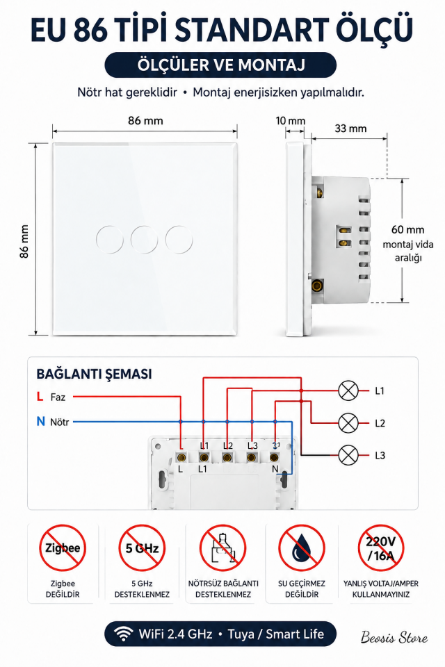 BSEED Beyaz 3 Tuş WiFi Akıllı Dokunmatik Anahtar – Tuya Smart Life, Alexa Google, Nötr Hatlı