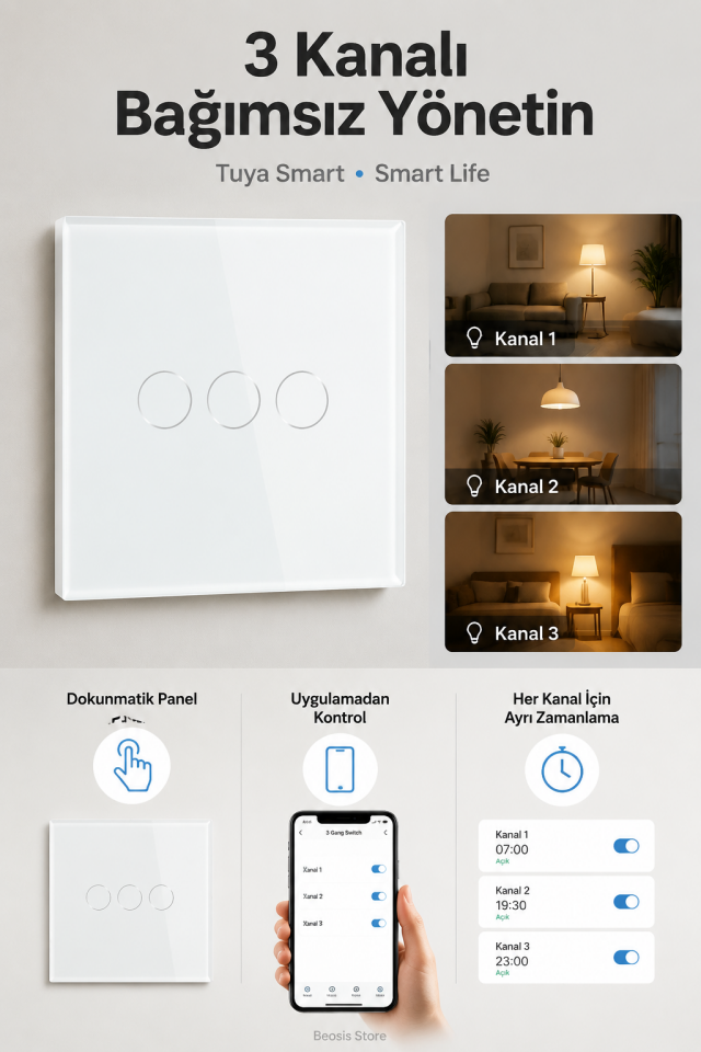 BSEED Beyaz 3 Tuş WiFi Akıllı Dokunmatik Anahtar – Tuya Smart Life, Alexa Google, Nötr Hatlı