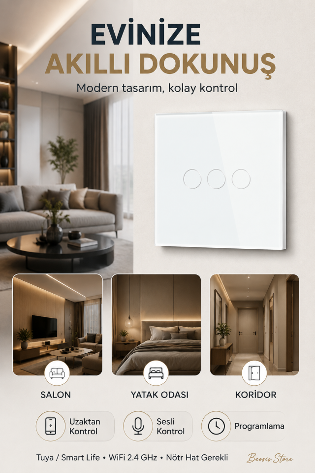 BSEED Beyaz 3 Tuş WiFi Akıllı Dokunmatik Anahtar – Tuya Smart Life, Alexa Google, Nötr Hatlı