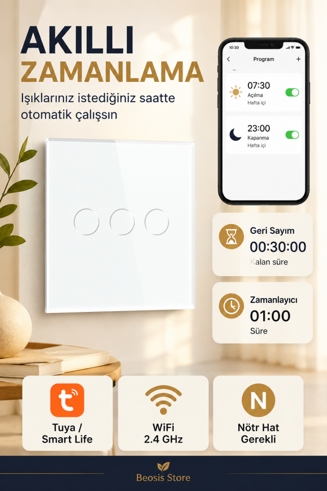 BSEED Beyaz 3 Tuş WiFi Akıllı Dokunmatik Anahtar – Tuya Smart Life, Alexa Google, Nötr Hatlı