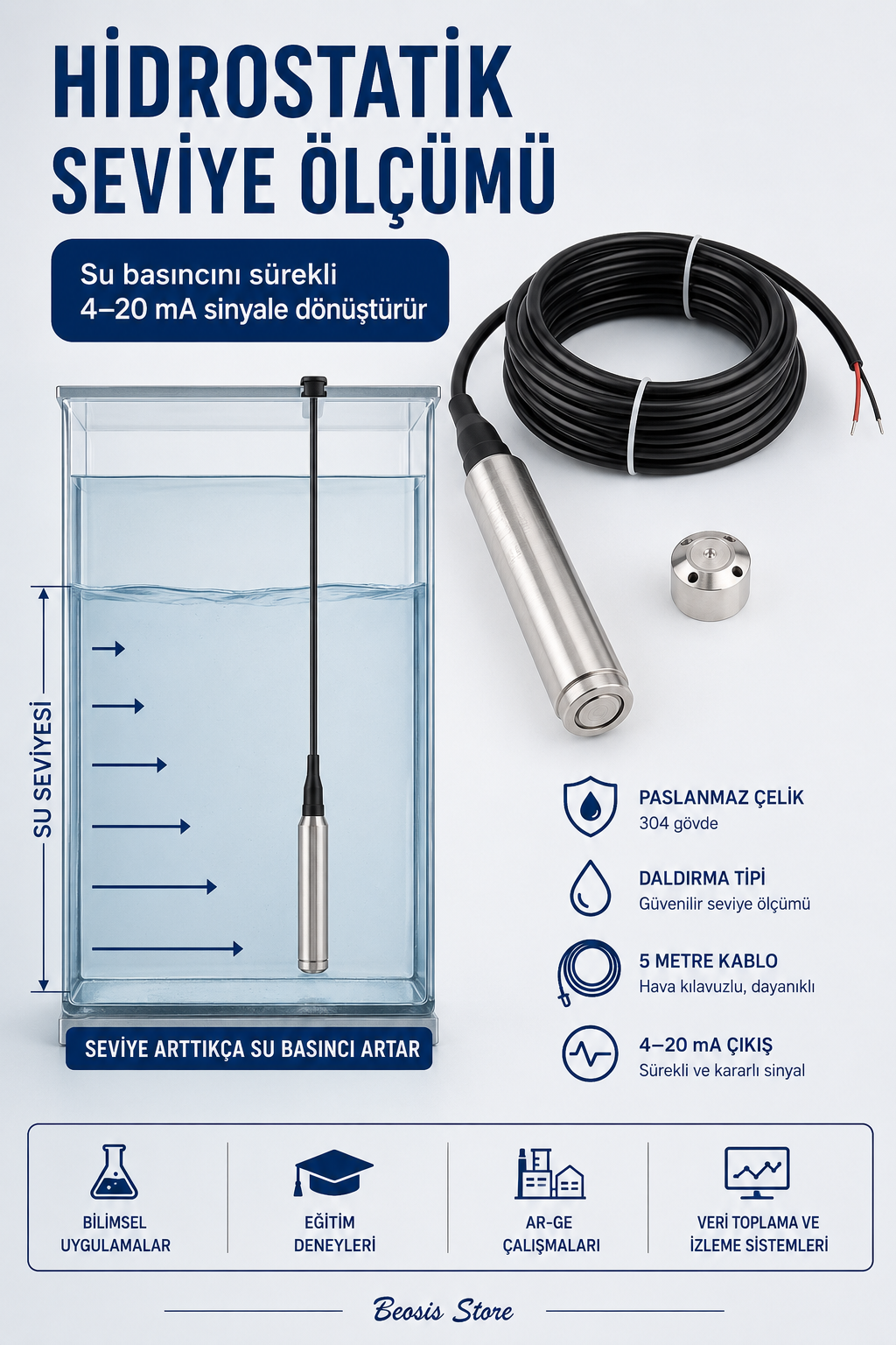 0–5 metre 4–20 mA Dalgıç Su Seviye Sensörü