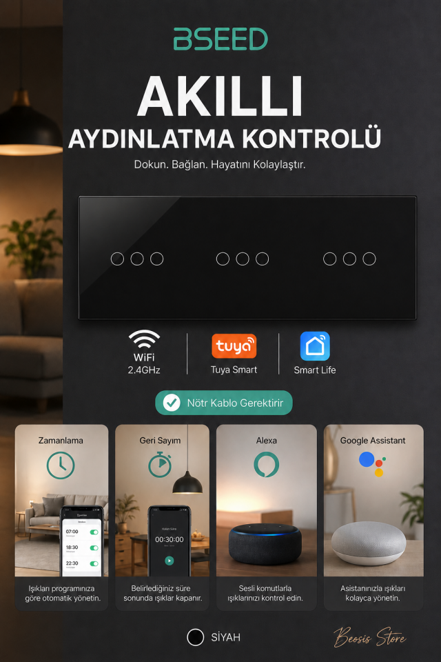 BSEED Siyah 9 Tuş WiFi Akıllı Dokunmatik Anahtar – Tuya Smart Life, Nötr Hatlı