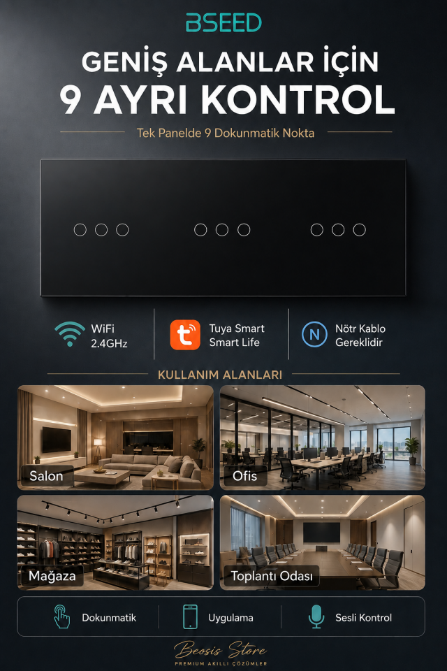BSEED Siyah 9 Tuş WiFi Akıllı Dokunmatik Anahtar – Tuya Smart Life, Nötr Hatlı
