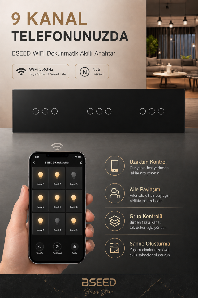 BSEED Siyah 9 Tuş WiFi Akıllı Dokunmatik Anahtar – Tuya Smart Life, Nötr Hatlı