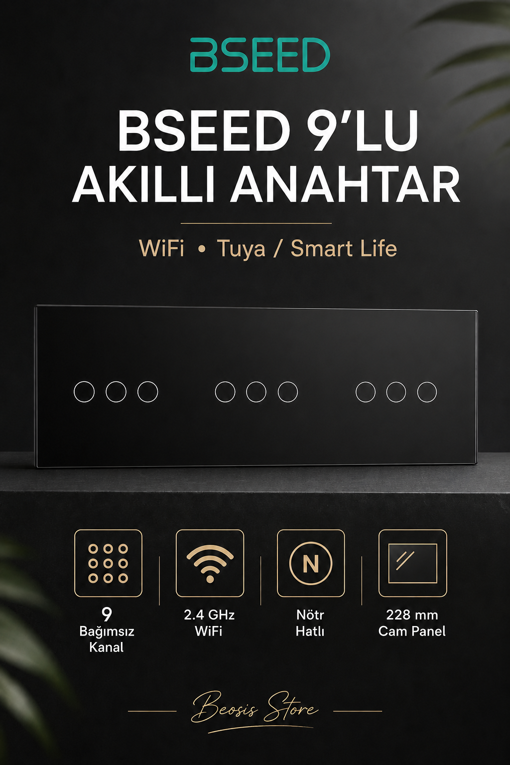 BSEED Siyah 9 Tuş WiFi Akıllı Dokunmatik Anahtar – Tuya Smart Life, Nötr Hatlı