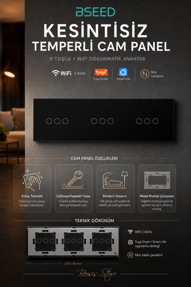 BSEED Siyah 9 Tuş WiFi Akıllı Dokunmatik Anahtar – Tuya Smart Life, Nötr Hatlı