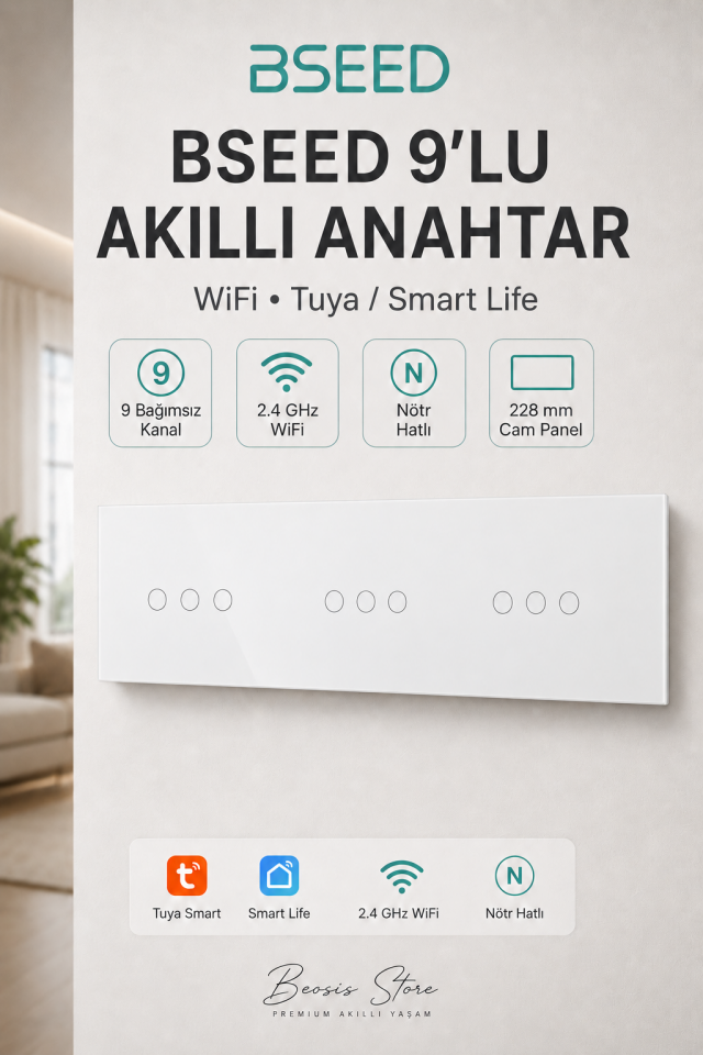 BSEED Beyaz 9 Tuş WiFi Akıllı Dokunmatik Anahtar – Tuya Smart Life, Nötr Hatlı