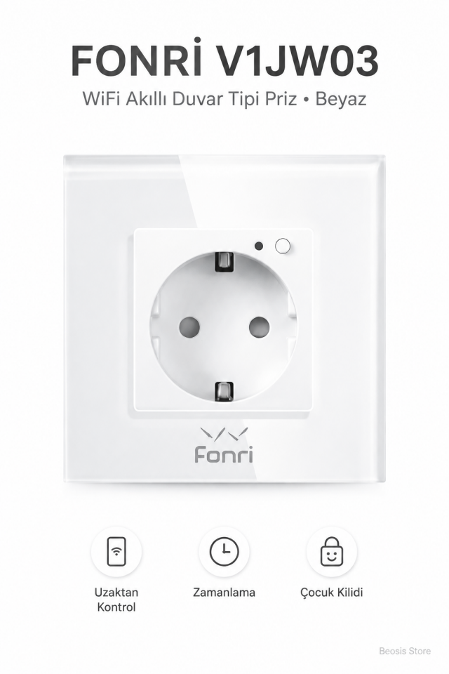 Fonri WiFi Akıllı Duvar Prizi Beyaz – Uzaktan Kontrol, Zamanlama, Çocuk Kilidi Tuya Destekli