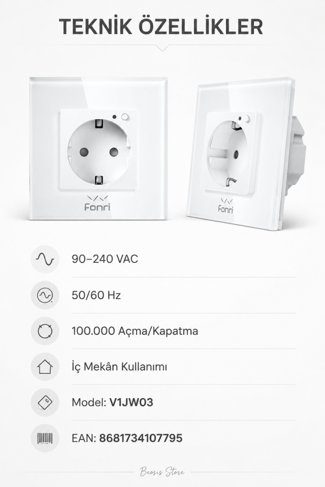 Fonri WiFi Akıllı Duvar Prizi Beyaz – Uzaktan Kontrol, Zamanlama, Çocuk Kilidi Tuya Destekli