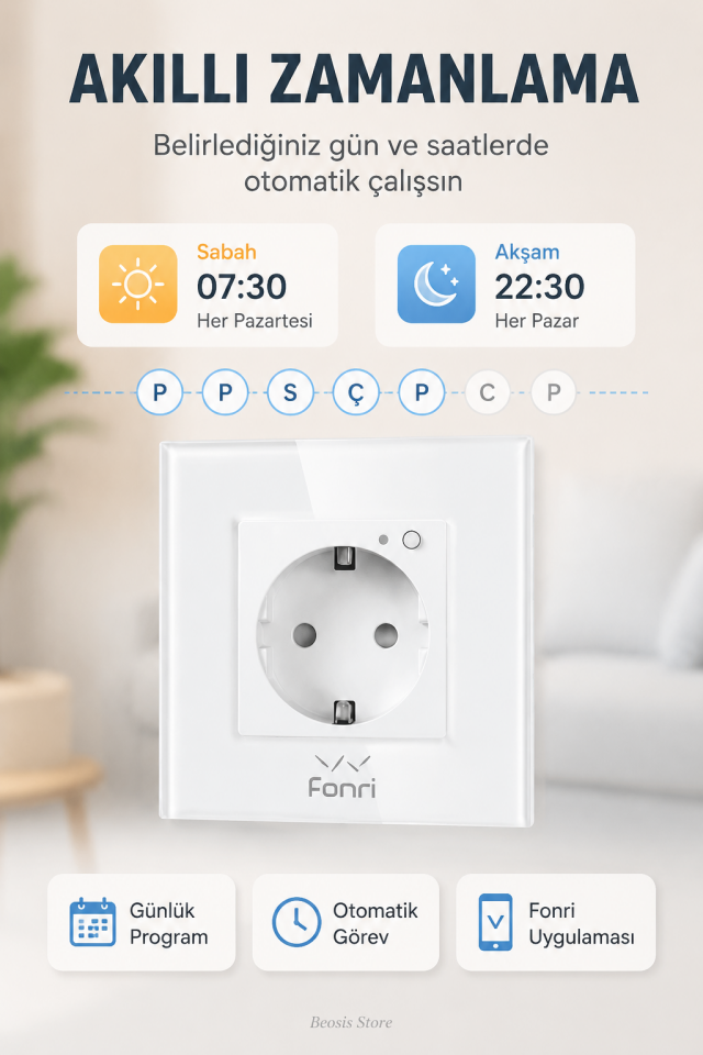 Fonri WiFi Akıllı Duvar Prizi Beyaz – Uzaktan Kontrol, Zamanlama, Çocuk Kilidi Tuya Destekli